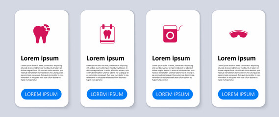 Set Safety goggle glasses, Dental floss, Calendar with tooth and Broken. Business infographic template. Vector