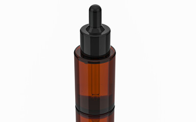30 ml. Skincare container, Clear brown shiny glass dropper bottle with a black header, black shiny cover, body filled with clear liquid. 45 degrees top view. 3D rendered.