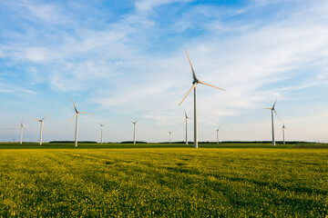 Wind Turbines Windmill Energy Farm. Wind turbines on sunny morning. Windmills wind turbines farm...
