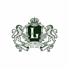 Lion heraldry emblem modern line style with a shield and crown logo design