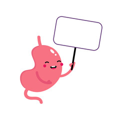 Cute and happy cartoon style healthy stomach character holding in hand blank card, banner.
