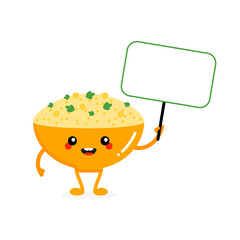 Cute smiling cartoon style bowl of hummus character holding in hand blank card, banner. 
