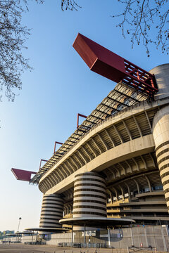 Milan, Italy - March 28, 2022: San Siro football stadium, home stadium of both Inter Milan and AC Milan football clubs with a capacity of 80 000 spectators.