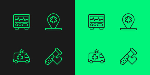 Set line Test tube with blood, Ambulance car, Monitor cardiogram and Location hospital icon. Vector