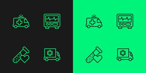 Set line Ambulance car, Test tube with blood, and Monitor cardiogram icon. Vector