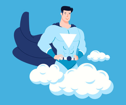 Superhero Man with muscular body wearing bodysuit and cape standing in cloud powerful posture. vector illustration.
