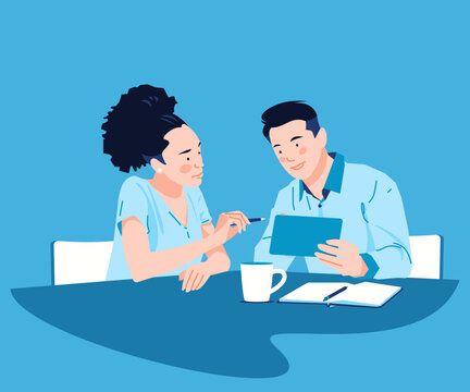 Young man and woman discussing work over a cup of coffee sitting in the office. Business colleagues using a tablet pc while discussing business financials illustrations.
