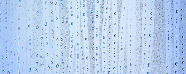 drops glass blue background abstract, transparent cold background water splashes