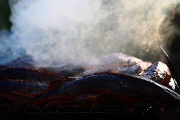 smoked fish sturgeon smoke in the smokehouse