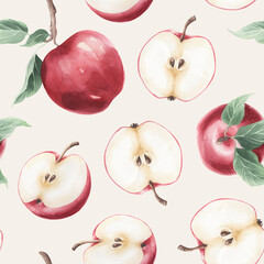Seamless pattern with watercolor red apple fruit isolated. 