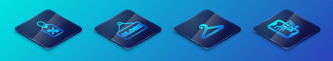 Set Isometric line Hanger wardrobe, Discount percent tag, Mobile with shopping cart and Hanging sign text Closed icon. Vector