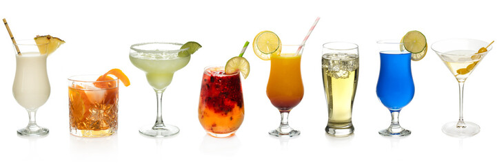 Variety of cold summer drinks on white background