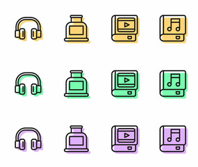 Set line Book about cinema, Headphones, Inkwell and Audio book icon. Vector