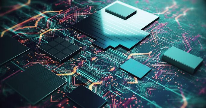 High End Circuit Board Processing Artificial Intelligence Data. Digitalization Process. Technology Related 4K 3D Animation.