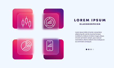 Infographic set icon. Diagram, pie chart, analytics, internet, communication, connection. Data analysis concept. Glassmorphism style. Vector line icon for Business and Advertising