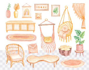 Watercolor hand drawn cozy home interior decoration set