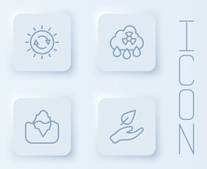 Set line Solar energy panel, Acid rain radioactive cloud, Iceberg and Leaf hand. White square button. Vector