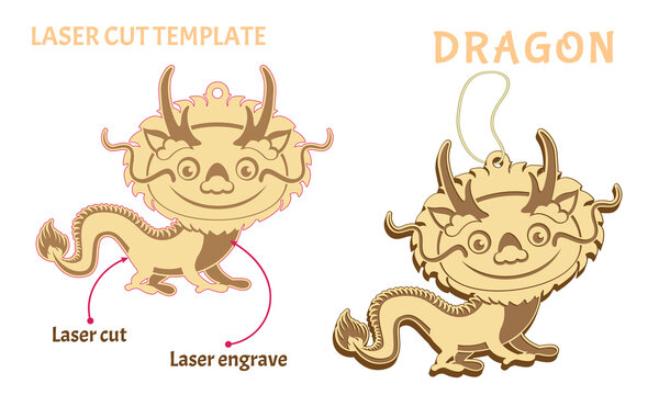 Funny dragon. Template for laser cut and engrave. Toy from plywood. Chinese New Year Zodiac sign. Vector illustration in a simple style isolated on white.