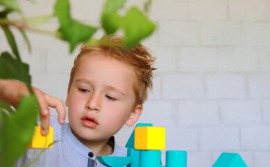 children's multi-colored play figures close-up and the boy plays with them at the table selective focus, logic games. 