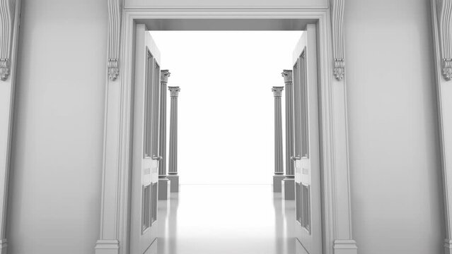 Doors leading to an endless white hall with columns