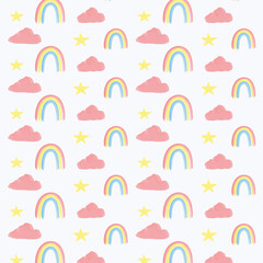 Seamless vector pink watercolor clouds and stars pattern.