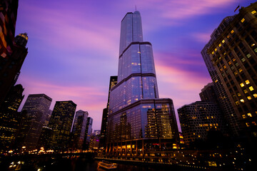 Chicago downtown and Chicago River at night, USA