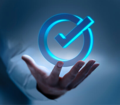 Male hand showing check mark icon with dark background - 3D illustration