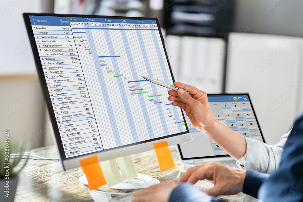 Poster Businesspeople Analyzing Gantt Chart And Calendar On Computer