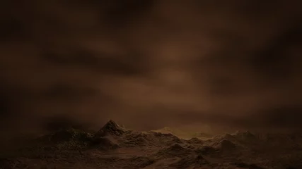 Deurstickers Groothoekopname van bergen en mistlandschapsscène 3D-rendering behangachtergronden © mapichai