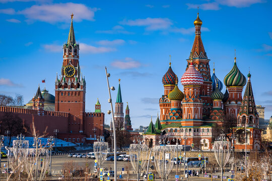 View of St. Basil's Cathedral and the Spasskaya Tower on Red Square in Moscow