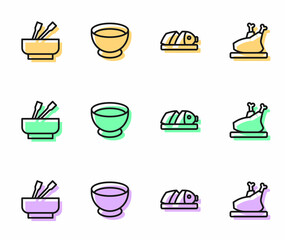 Set line Fish with sliced pieces, Asian noodles in bowl, Soy sauce and Roasted turkey or chicken icon. Vector