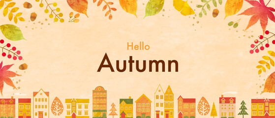 秋の街並みと紅葉のベクターイラスト背景(バナー,ポスター,街並み,植物,落ち葉,葉,art,holiday,natural,) 