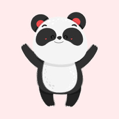 Fototapety  Cartoon panda in kawaii style with paws up. Vector illustration of a cute animal. Cute little illustration of Panda for kids, baby book, fairy tales, covers, baby shower invitation, textile t-shirt.