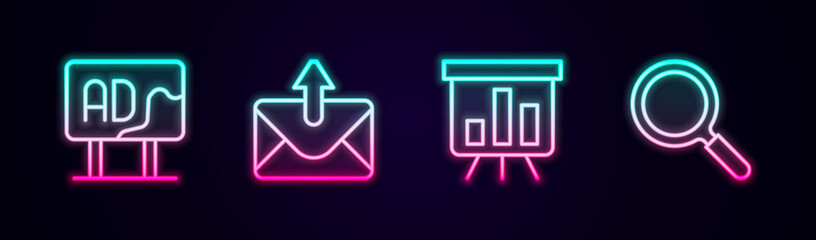 Set line Advertising, Mail and e-mail, Board with graph chart and Magnifying glass. Glowing neon icon. Vector