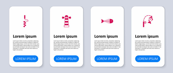 Set Fishing rod and fish, skeleton, Lighthouse and Hand ice drill. Business infographic template. Vector