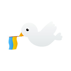 Dove of peace with ukrainian flag, stop war conceptin cartoon style , white pigeon, stand with Ukraine