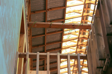 Roofing Construction, Wooden Roof Beams, Rafters, Frame House Attic Construction.