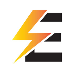 Power logo. E  letter and lightning on the dark background.  monogram. Power and energy technology.
