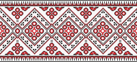 Vector colored seamless Ukrainian national ornament, embroidery. Endless ethnic floral border, Slavic peoples frame. Red cross stitch.
