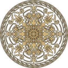 Vector round golden classic ornament. A circle with a europe gold pattern on the black background. Ceiling decoration, ancient Rome, Greece.
