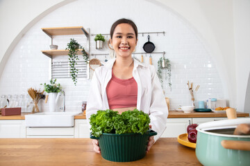 Beautiful sport woman holding organic groceries looking positive and happy standing and smiling with a confident smile showing teeth in kitchen. Chef at home