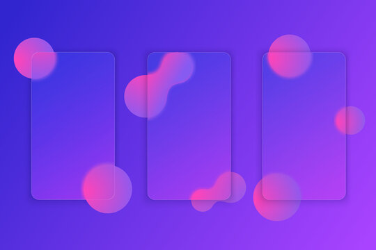 Glass morphism style modern UI template. Transparent secreen or frame with place for text and blurry shapes. Purple gradient plastic plate for web and interfaces.