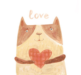 Сat with heart. Watercolor illustration, hand drawn