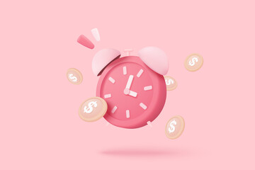 3d alarm clock with Investing money to grow in time concept. Business investments earnings and financial savings, fast money, quick loan. 3d time illustration vector rendering in pink background - obrazy, fototapety, plakaty