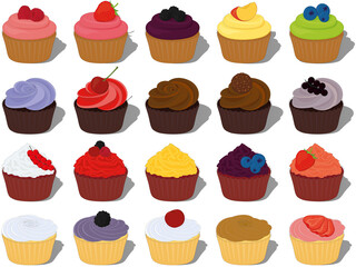 Sweet bakery beautiful muffins collection vector illustration