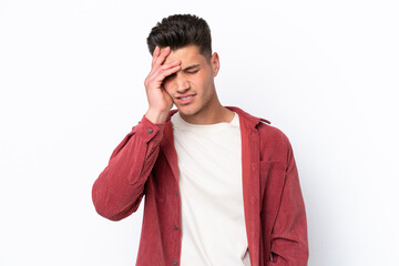 Young caucasian man isolated on white background with headache