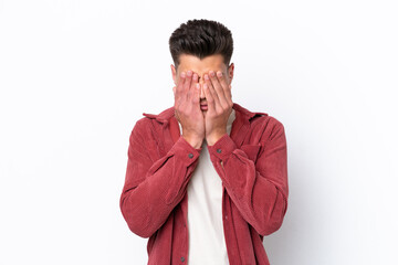 Young caucasian man isolated on white background with tired and sick expression