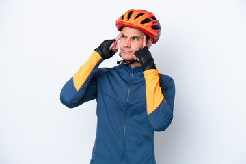 Young cyclist caucasian man isolated on white background having doubts and thinking