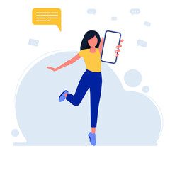 The girl holds the phone in her hand.Mobile application advertising.Vector.