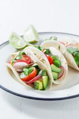 Vegetarian and healthy tacos as spicy starter for restaurant.